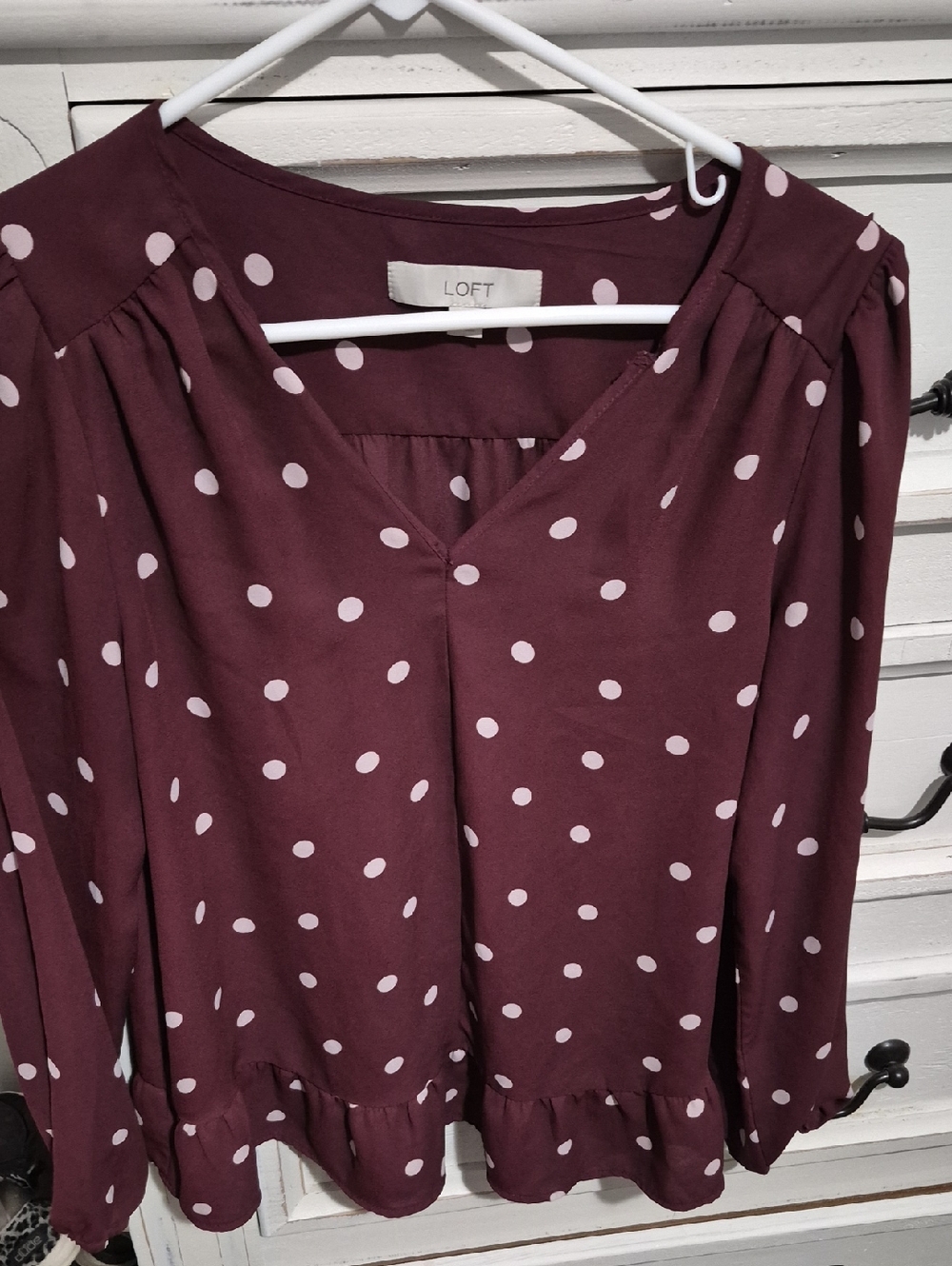 LOFT Maroon Polka Dot V-Neck Ruffle Blouse